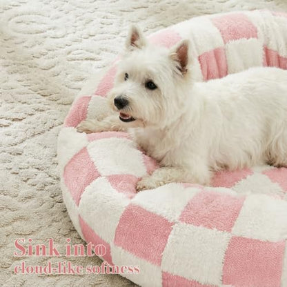 Ohocut Checkered Dog Bed, Cute Girly Pink Retro Style Aesthetic Round Warming Pet Calming Beds for Small Dog and Cats, Plush Cozy Donut Dog Beds Washable, 30" L x 30" W x 8" Th - color: Pink, size: 30"L x 30"W x 8"Th