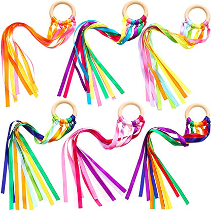 Sumind 6 Pcs Rainbow Ribbon Hand Kites Wands for Kids Dancer Streamer String Toy Thrown Waldorf Wand with Wooden Ring Wand Learning Educational(Bright Colors) - style: Bright Colors