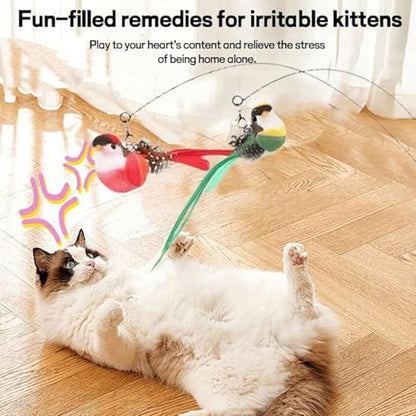 Cat Wand Toy, Suction Cup Interactive Teaser, 2-in-1 Feature with Simulated Chirping Bird for Teething and Foraging, Cat Play Wand with Engaging Design, Teaser Toy for Calming and Training