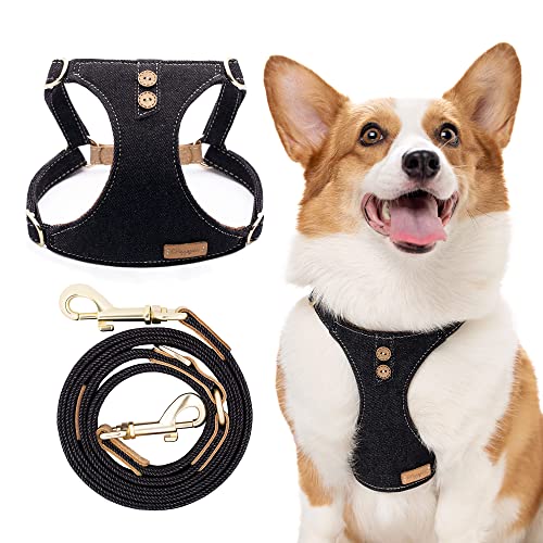 Dog Harness, No Pull Dogs Harness and Multi-Function Leash Set for Medium Dogs Easy Walk Everyday Adjustable Soft Dog Vest Harness Fashionable Dog Accessories Black-Button-M(16lb-35lb) - color: Button-Denim Black, size: M