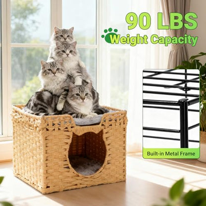 Handwoven Rattan Cat Cave w/Two Cushions, Cat Beds Indoor Kitten House, Wateproof & Foldable Pet Cube Bed, Natural Color, 16.5”L x 16.5”W x 12.6”H - color: Natural
