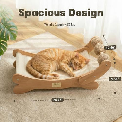 Sisal Cat Scratcher Bed with 3 Toy Balls for Indoor Cats, Durable Wooden 3-in-1 Hammock Lounge & Scratch Pad - Modern Furniture for Large Cats, Scratching Post Lounger - size: Extra Large
