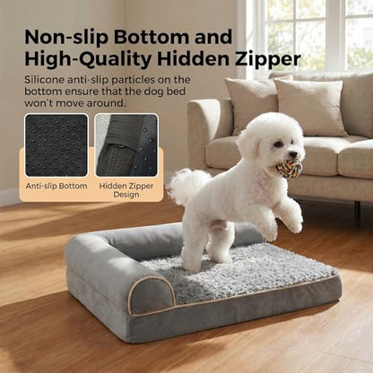 Orthopedic Small Dog Bed for Small Dogs 20 x 16Inch, L Shaped Memory Foam Puppy Pet Bed with Sides, Washable Dog Couch Sofa with Removable Velvet Cover & Non-Slip Bottom, Gray - size: 19.7" L x 15.8" W x 4.4" H--With sides
