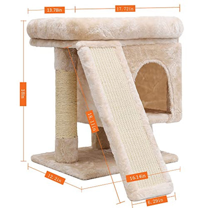 SYANDLVY Small Cat Tree for Indoor Large Cats, Kittens Condo with Scratching Post and Board, Modern Activity Tower with Cave (Beige) - color: Beige