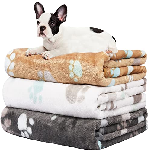 Rezutan Upgraded Dog Blankets for Medium Dogs, 3 Pack Dog Cat Blanket Washable, Soft Pet Throw Cover Suitable for Kennel Crate Bed, Cute Paw Pattern, 30"x20" Grey/Brown/White - color: Grey/Brown/White, size: Medium,30x20Inch