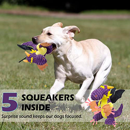 GOOLA Purple Dragon Dog Toy, Plush Squeaky Toy for Large Breeds, Interactive Fun with 5 Squeakers, Chew Toys for Puppies & Adult Dogs - color: Purple,Yellow,Black