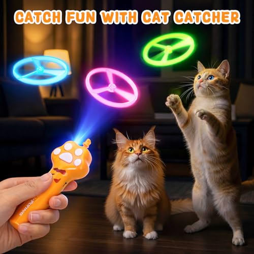 Cat Chase Fetch Toy - Rechargeable Disc Launcher with 6 Flying Spinners - Best Interactive Pet Hunting Toys for Indoor Outdoor Yard Cats Dog (Yellow) - color: Yellow