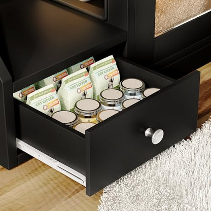 Merax Cat Litter Box Enclosure Furniture with Light,Hideaway Litter Box Furniture with 2 Storage Drawers for Living Room,Black - color: Black