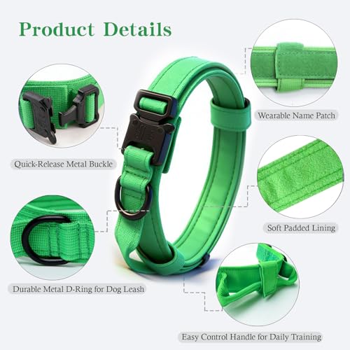 Tactical Dog Collar - Military Dog Collar - Adjustable Nylon - Heavy Duty Metal Buckle with Handle - Bright Green, Small - color: Bright Green, size: Small (Pack of 1)