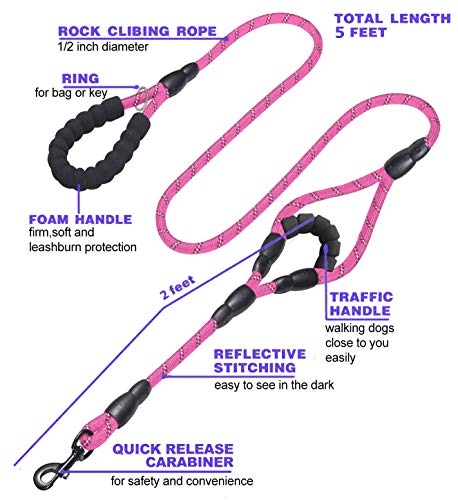 JSXD 5 FT Heavy Duty Double Handle Dog Leash with Comfortable Padded and Reflective Rope, for Small, Medium, Large Dogs (Rope-Pink) - color: Rope-Pink