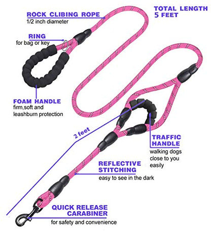 JSXD 5 FT Heavy Duty Double Handle Dog Leash with Comfortable Padded and Reflective Rope, for Small, Medium, Large Dogs (Rope-Pink) - color: Rope-Pink