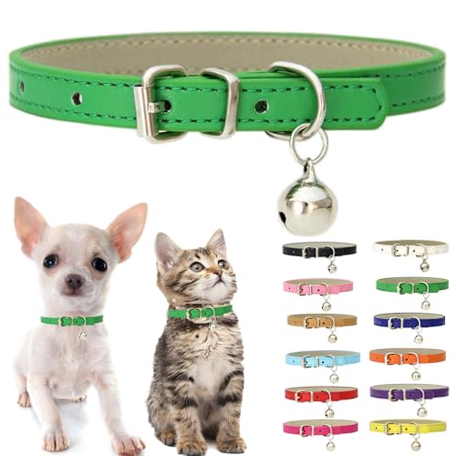 Green XS Dog Collar with Bell, Soft Pu Leather Cat Collars Adjustable Buckle for XXS Extra Small Medium Tiny Female Male Boys Girls Pets Puppy Kitten Teacup Yorkie X-Small - color: Green, size: XS for Neck 8"-10.5"