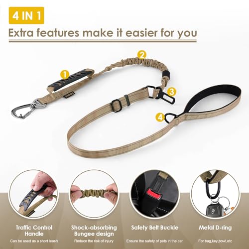 AUBELL Tactical Dog Leash Heavy Duty,4-6ft Reflective Strong No Pull Bungee Leash for Medium Large Dogs with Comfortable Padded Double Handle,Car Seat Belt,360 Degree Rotating Carabiner,Brown - color: M/L-Brown(4-6FT)