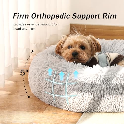 Calming Donut Dog Bed for Small to Medium Dogs & Cats - Plush Faux Fur Anti-Anxiety Pet Bed with Machine Washable Cover & Non-Slip Base - color: Light gray, size: X-Small 15.7''