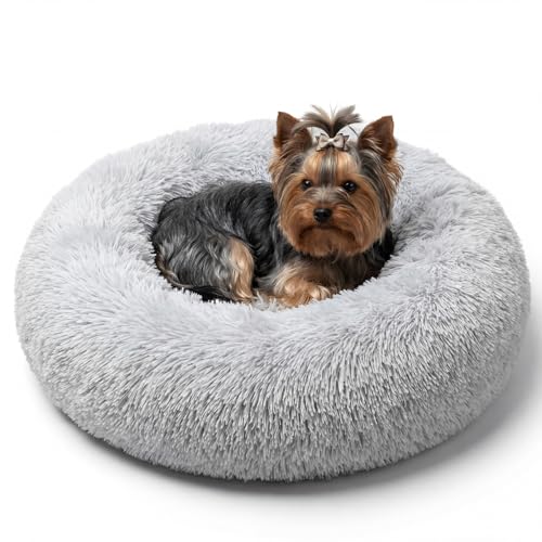 Calming Donut Dogs Beds for Small Dogs Washable,19inch Fluffy Round Puppy Bed for Puppies,Cats & Toy Breeds with Raised Rim,Fits up to 15 lbs Pets,Frost Grey - color: Grey, size: 19 inches