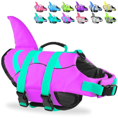 Shark Dog Life Jacket, Easy to Put on Dog Life Vest for Swimming and Boating, Vibrant & Adjustable Dog Life Preservers for Small Medium Large Dogs, Suit to Swim, Fish, Beach, Surfing - color: Shark-Purple+GN, size: X-small
