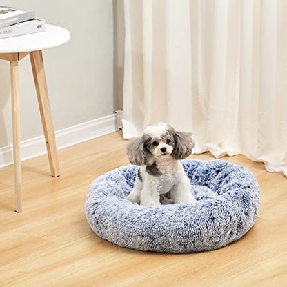 Bedfolks Calming Donut Dog Bed, 23 Inches Round Fluffy Dog Beds for Small Dogs, Machine Washable Anti-Anxiety Plush Puppy Bed（Navy Blue, Small） - color: Navy Blue, size: 23.0"L x 23.0"W x 7.0"Th