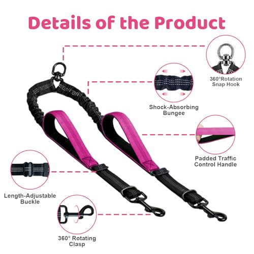 Double Dog Leash - No Tangle Splitter for Two Dogs, Coupler with Adjustable Long Lead Rope, Dual Control Handles, Retractable No Pull Bungee, Walk Train Small Medium Large 2 Pets (Fuchsia) - color: Fuchsia