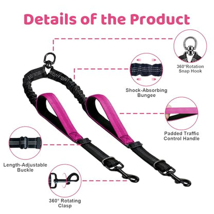 Double Dog Leash - No Tangle Splitter for Two Dogs, Coupler with Adjustable Long Lead Rope, Dual Control Handles, Retractable No Pull Bungee, Walk Train Small Medium Large 2 Pets (Fuchsia) - color: Fuchsia