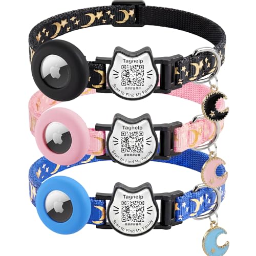 3 Pack Smart QR Code Cat Collars with Built-in AirTag Holder, Breakaway Adjustable Kitten Collars with Moon Pendant, Safety Pet ID Collars for Cats, 7.0–12.5”, Black Blue Pink - color: 3-Pack, size: with Integrated AirTag Holder
