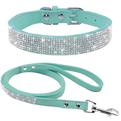Rhinestone Bling Leather Dog Collar and Leash Set, Cute Dazzling Sparkling Soft Velvet Dog Cat Collar Crystal Diamond Puppy Collar (XXS, Light Blue1) - color: Light Blue1, size: XXS