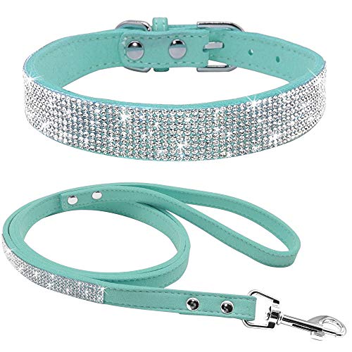 Rhinestone Bling Leather Dog Collar and Leash Set, Cute Dazzling Sparkling Soft Velvet Dog Cat Collar Crystal Diamond Puppy Collar (XXS, Light Blue1) - color: Light Blue1, size: XXS