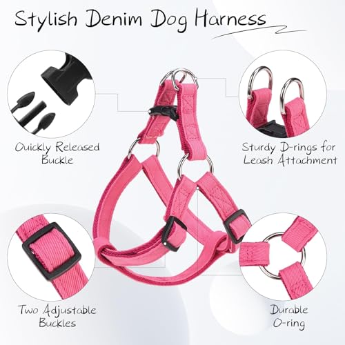 BINGPET Dog Harness Leash Set,Adjustable No Pull Step in Dog Harness,Stylish Denim Puppy Harness for Small and Medium Dogs Easy Walk Training Running(Pink,S) - color: Pink, size: S(Chest Girth:14.9''-20.9'')