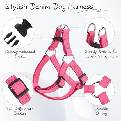 BINGPET Dog Harness Leash Set,Adjustable No Pull Step in Dog Harness,Stylish Denim Puppy Harness for Small and Medium Dogs Easy Walk Training Running(Pink,M) - color: Pink, size: M(Chest Girth:17.3''-23.38'')