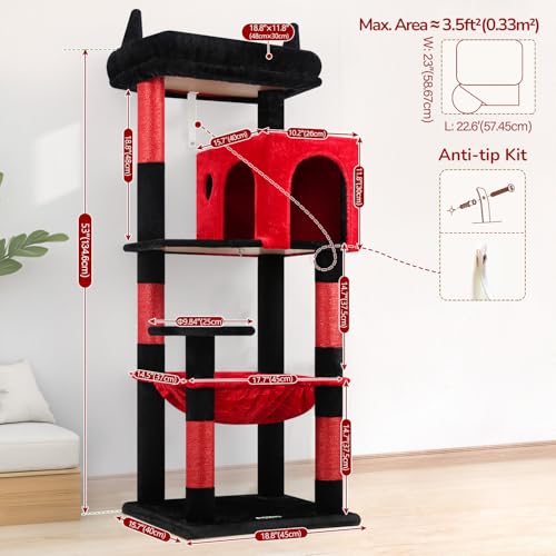 Globlazer Gothic Cat Tree Tower with Scratching Post for Indoor Cats, 53inch Tall Plush Multi-Level Cat Climbing Tower Condo with Large Hammock, Spacious Cat Cave, Padded Top Perch, F53, Red Black - color: Red Black