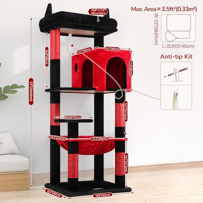Globlazer Gothic Cat Tree Tower with Scratching Post for Indoor Cats, 53inch Tall Plush Multi-Level Cat Climbing Tower Condo with Large Hammock, Spacious Cat Cave, Padded Top Perch, F53, Red Black - color: Red Black