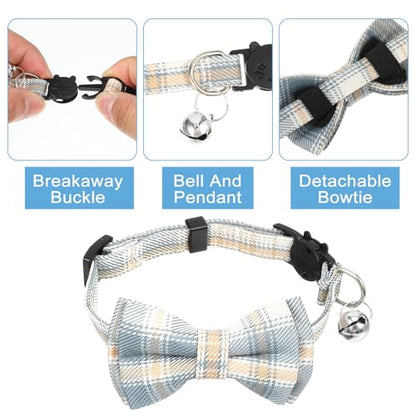 3pcs Bow Tie Cat Collar with Bells, Breakaway Bowtie Plaid Cat Collar, Soft Adjustable Bow Cats Collars for Kitten Puppy and Small Pets - color: green