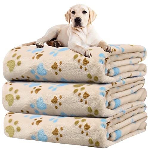Rezutan Dog Blanket for Large Dogs, Upgraded 3 Pack Dog Cat Flannel Blankets Washable, Soft Pet Mat Throw Cover Suitable for Kennel Crate Bed, Cute Paw Pattern, Beige, 31" x 41" - color: Beige (Pack of 3), size: Large,41x31inch