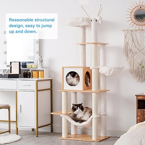 Hey-brother Wooden Cat Tree, 66.1“ Cat Furniture with Scratching Posts, Modern Cat Tower with hammocks, Toys, cat condo, Walnut MPJ120WB - color: Walnut