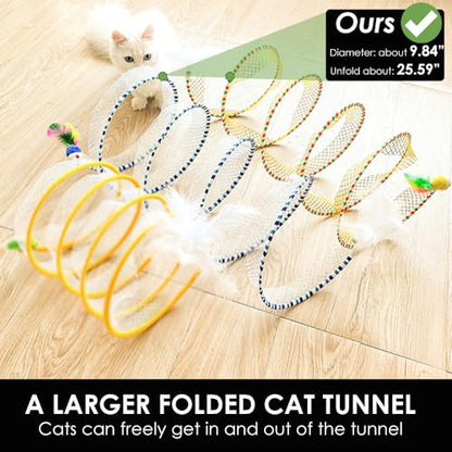 Spiral Tunnel Cat Toy, 25.59 Inches Unfolded with Cat Wand Self Play Collapsible, Hunting Spiral Tunnel with Feather Mouse Toys and Bell for Indoor Kitten Play Chase Exercise (Blue) - color: Blue+Pink