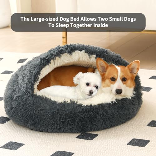 Dog Bed Round Hooded Plush Cat Cave Self Warming Pet Bed Donut Anti Anxiety Fluffy Pet Bed for Puppy and Kitty - color: Dark grey, size: Medium 23.6''