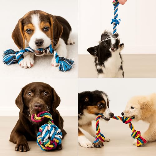Large Tough Chew Toys for Aggressive Chewers Large Breed,Heavy Duty Dental Rope Toys Kit for Medium Dogs,5 Knots Indestructible Cotton Puppy Teething Chew Tug Toy Set of 5