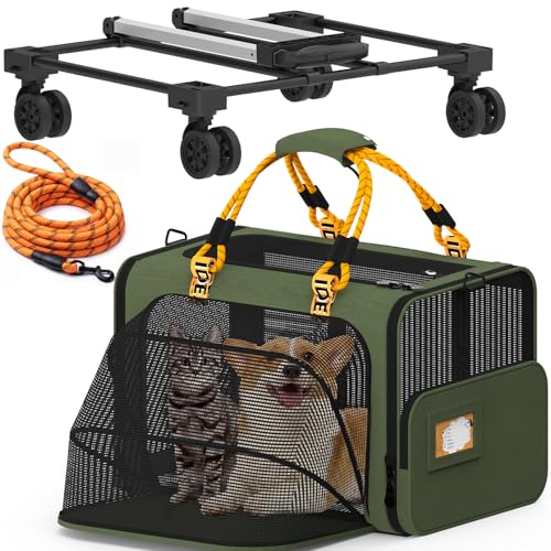 PAWZIDEA Expandable Large Pet Carrier with Wheels, 24x16x16 in Rolling Cat Carrier for 2–4 Cats up 55lb, Soft-Sided Collapsible Small Medium Dog Crate for Car Travel, Telescopic Handle, Storage Pocket - color: Dark Green-Wheels-XL
