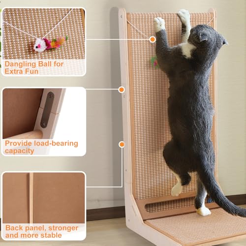 Sisal Cat Scratchers for Indoor Cats, 26.8'' L-Shape Cat Scratching Board, Solid Wooden Cats Scratch Pad with Mouse Toy, Large Cats Scratching Posts to Protect Furniture(Vertical Scratcher) - size: Vertical