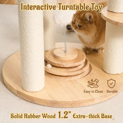 Modern Cat Tree Tower with Scratching Post, 61.5in Tall Cat Tree for Indoor Cats, Multi-Level Solid Wood Cat Furniture with Cozy Cat Beds, Condo, Hammock, Capsule Nest, Turntable Toy, Natural - color: 61.5"-V-Natural