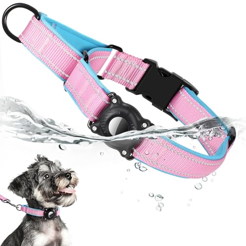 Airtag Dog Collar, Reflective Martingale Dog Collar with IP68 Waterproof Airtag Holder, Quick Release Buckle Soft Padded Collars for Large Medium Small Dogs, Pink - color: Pink Blue, size: XL(18"-21")