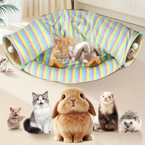 Spardar Bunny Tunnel Bed, 2-in-1 Collapsible Tunnel Tubes Toys, Washable, with Removable Mat Hideout, Interactive Toys for Rabbits Chinchilla Hedgehog Guinea Pigs Kitty, Stripe - color: Stripe