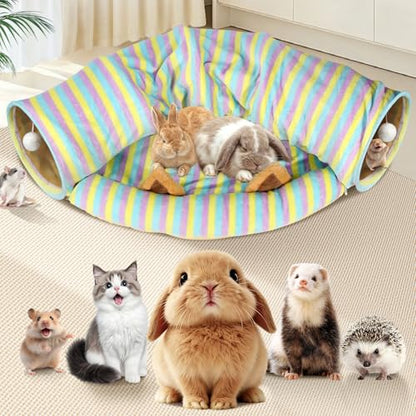 Spardar Bunny Tunnel Bed, 2-in-1 Collapsible Tunnel Tubes Toys, Washable, with Removable Mat Hideout, Interactive Toys for Rabbits Chinchilla Hedgehog Guinea Pigs Kitty, Stripe - color: Stripe