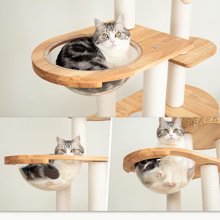Wood Cat Tree for Large Cat, 60-Inch Tall Cat Tower with Scratching Post for Indoor Cats, Multi-Level Cat Condo with Hand-Woven Cat Bed and Acrylic Bowl Easy to Clean (Brown-81004S) - color: Nature 81004
