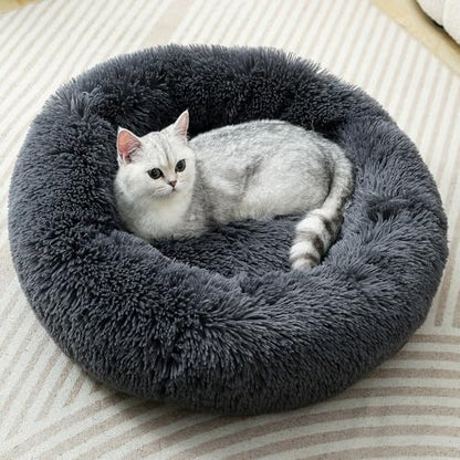 Calming Cat Bed for Indoor Cats & Small Dogs, Pet Bed for Puppies Rabbit,Machine Washable Non-Slip Donut Sofa for 6.5lbs Pet，Plush Dark Gray Cama para Gatos，Dark Gray