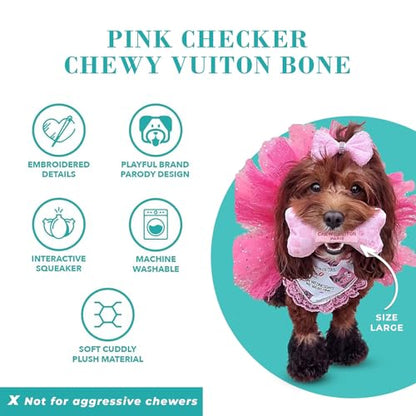 Haute Diggity Dog Chewy Vuiton Bone Plush Squeaky Dog Toy, Soft Durable Designer-Inspired Stuffed Puppy Chew Toys for Small & Medium Dogs, Machine-Washable (Pink Checker) Small - color: Pink Checker Bone, size: Small
