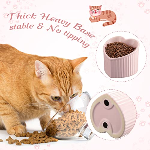 Mumufy 2 Pcs Ceramic Elevated Cat Bowls Tilted Elevated Raised Pet Bowls Anti Vomit Cat Dish for Indoor Stress Free Water Dish Feeder for Puppies, Heart Shaped(Pink, White) - color: Pink, White