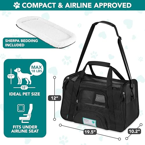PetAmi Airline Approved Pet Carrier for Cats & Small Dogs, Soft Sided TSA Travel Carrier Bag with Sherpa Bed, Breathable Mesh Ventilation, Collapsible Bowl, Fits Under Seat, Up to 18 lbs, Large Black - color: Black, size: Large - 19.5"L x 10.2"W x 12"H