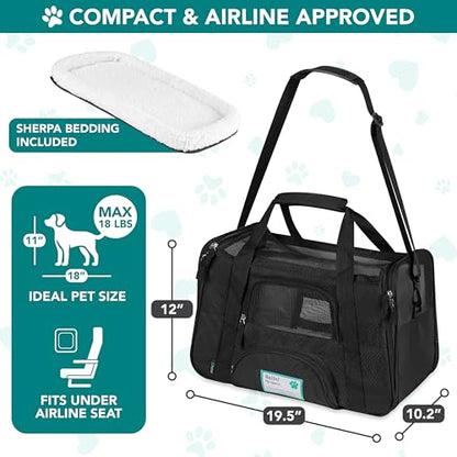 PetAmi Airline Approved Pet Carrier for Cats & Small Dogs, Soft Sided TSA Travel Carrier Bag with Sherpa Bed, Breathable Mesh Ventilation, Collapsible Bowl, Fits Under Seat, Up to 18 lbs, Large Black - color: Black, size: Large - 19.5"L x 10.2"W x 12"H