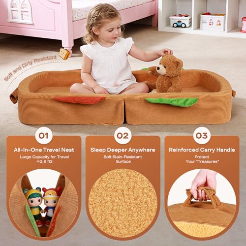 Toddler Travel Bed Sandwich Style - Portable Toddlers Floor Beds, Foldable Soft Foam Travel Crib for Baby and Kid, Washable Cover Toddler Cot with Safety Rail for Travel, Medium Size - size: Medium – for Toddlers Ages 1–4