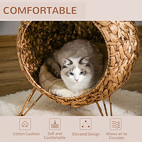 PawHut 20.5" Weaved Cat Bed, Elevated Hand-Woven Braided Banana Leaf Kitten House Condo with Cushion, Natural - color: Natural